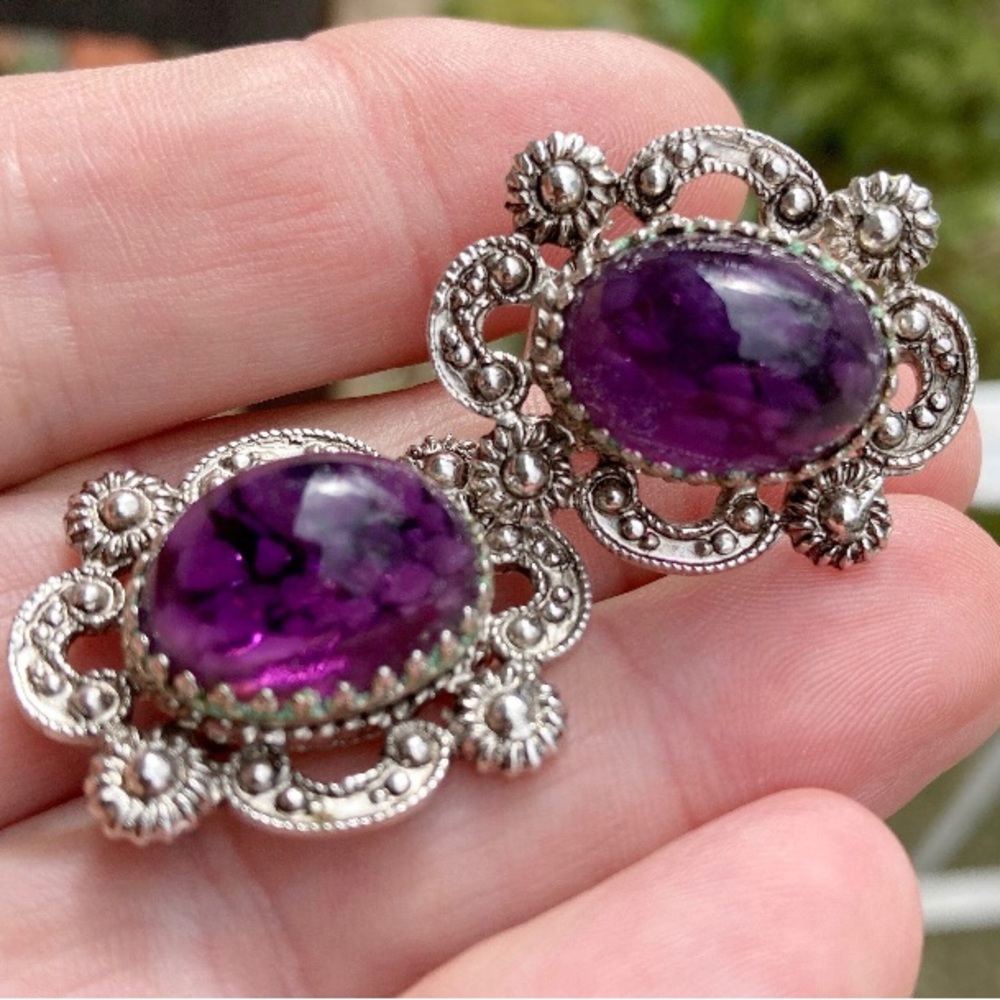 Marino Faux Amethyst & Silvertone Art Nouveau Style Clip On Earrings